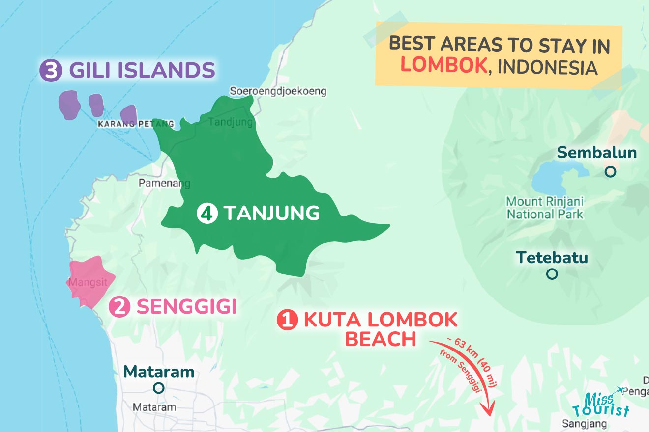 Map highlighting best areas to stay in Lombok, Indonesia, including Gili Islands, Senggigi, Tanjung, and Kuta Lombok Beach.