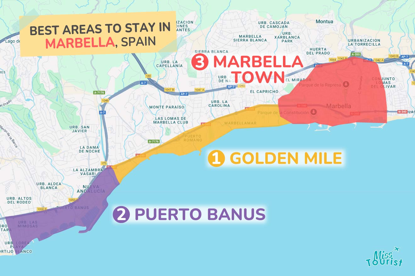 Map highlighting best areas to stay in Marbella, Spain: Golden Mile (1), Puerto Banus (2), Marbella Town (3).