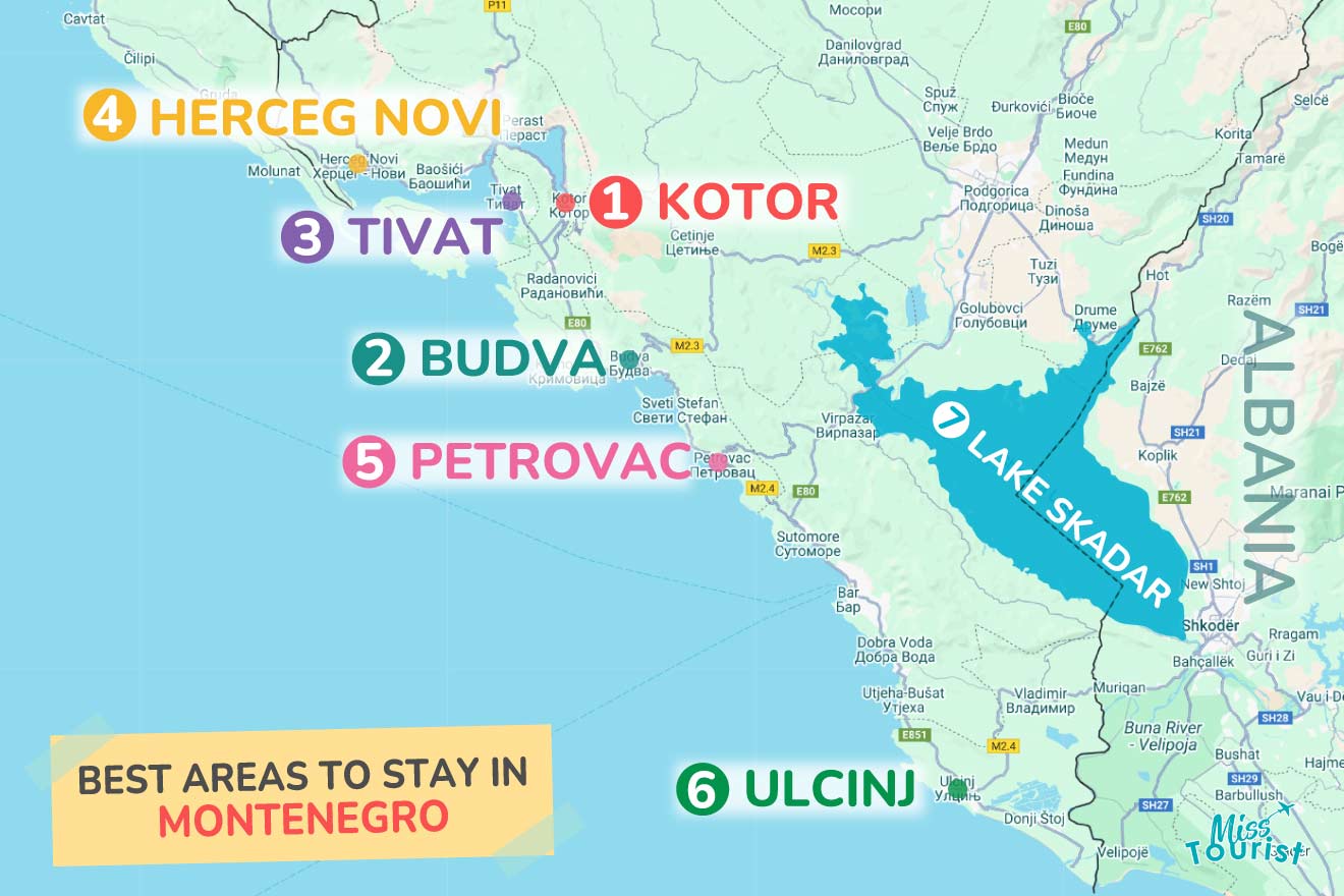 Map of Montenegro highlighting the best areas to stay: Kotor, Tivat, Budva, Petrovac, Herceg Novi, Ulcinj, and Lake Skadar.