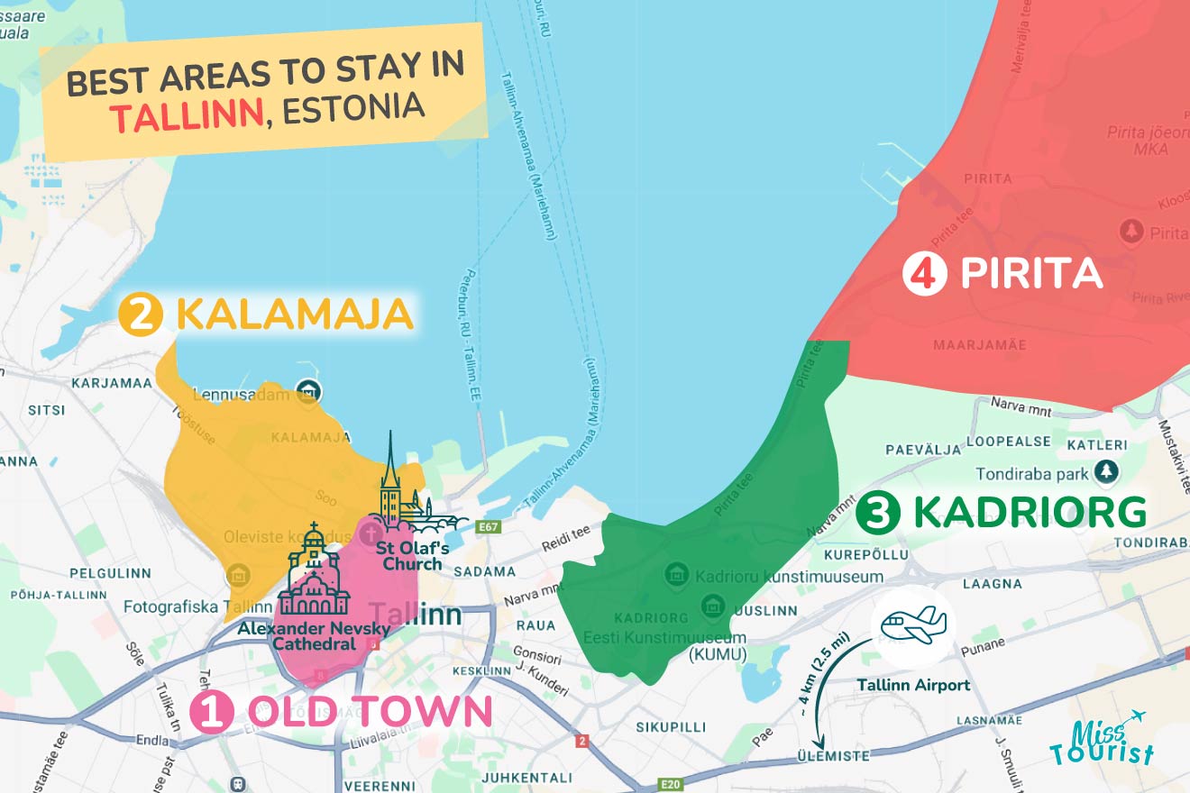 Map of Tallinn, Estonia, highlighting the best areas to stay: Old Town, Kalamaja, Kadriorg, and Pirita, with notable landmarks like Alexander Nevsky Cathedral and Kadriorg Palace shown.