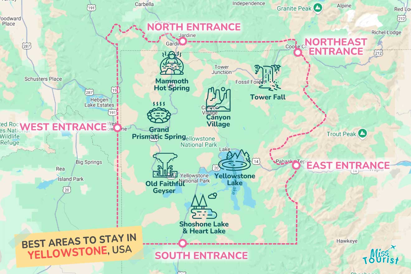 Map of Yellowstone National Park showing main attractions with labeled entrances: North, Northeast, East, South, and West. Attractions include geysers, springs, and lakes.