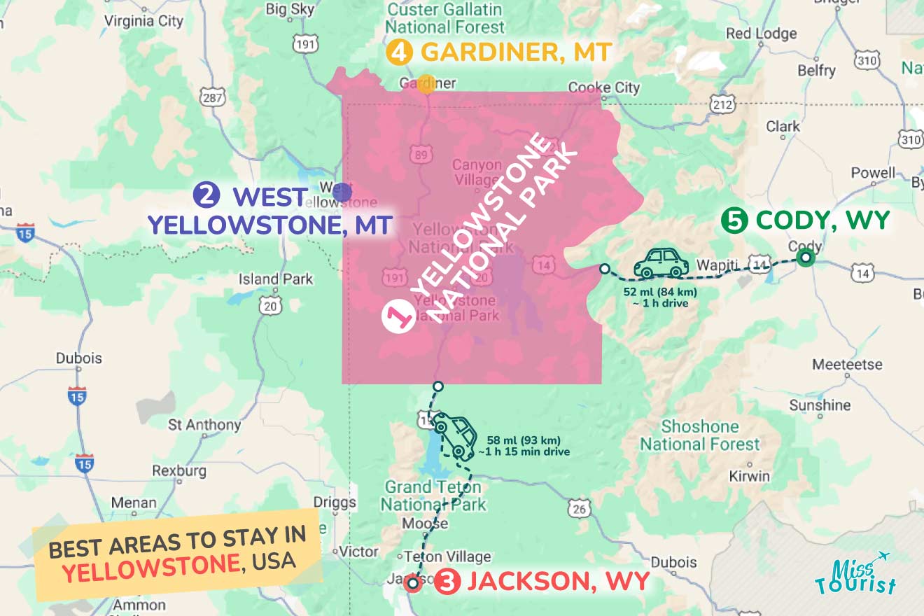 Map showing Yellowstone National Park and surrounding areas, including points in Gardiner, MT; West Yellowstone, MT; Jackson, WY; and Cody, WY.