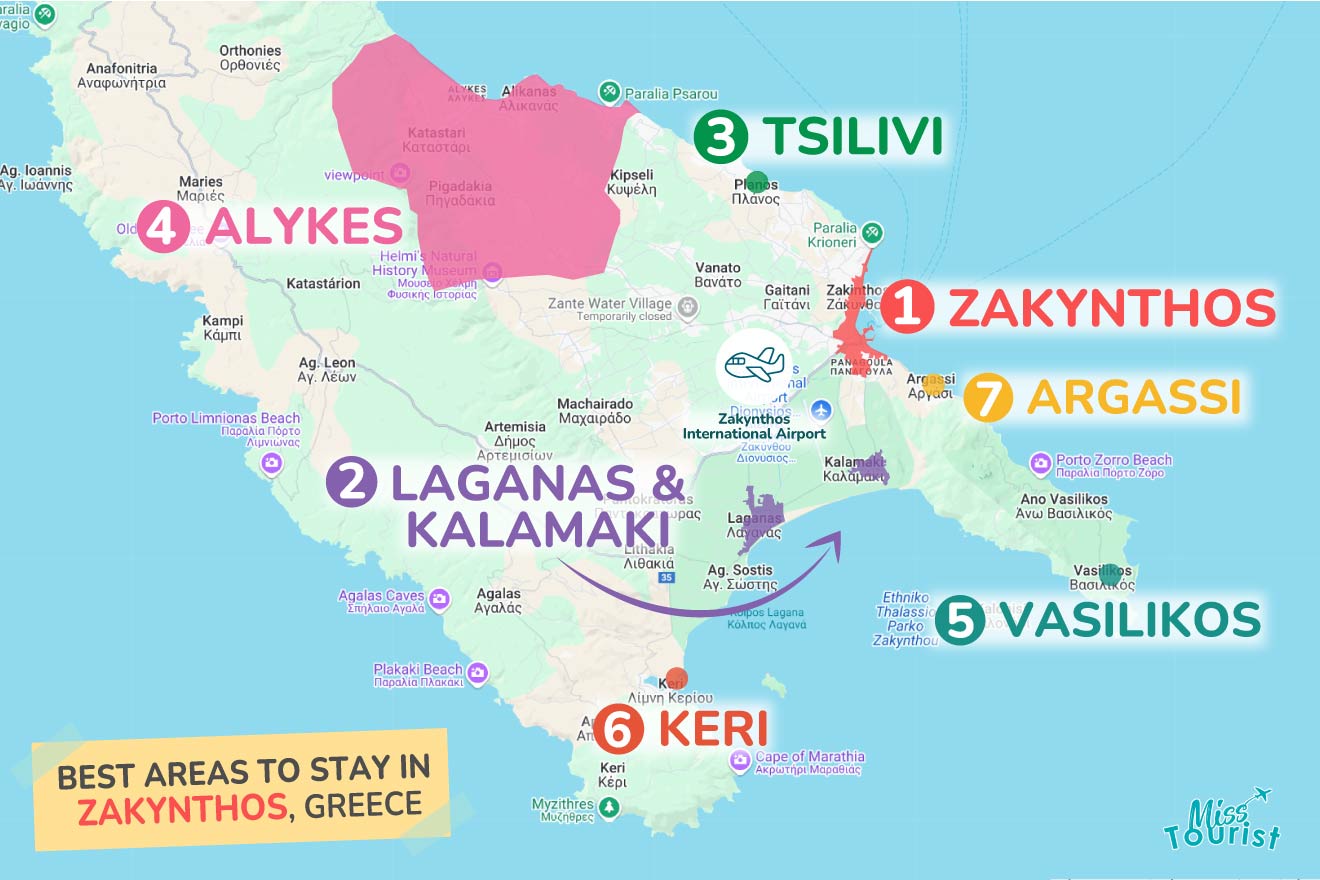 Map of Zakynthos, Greece highlighting areas: 1) Zakynthos, 2) Laganas & Kalamaki, 3) Tsilivi, 4) Alykes, 5) Vasilikos, 6) Keri, 7) Argassi as best places to stay.