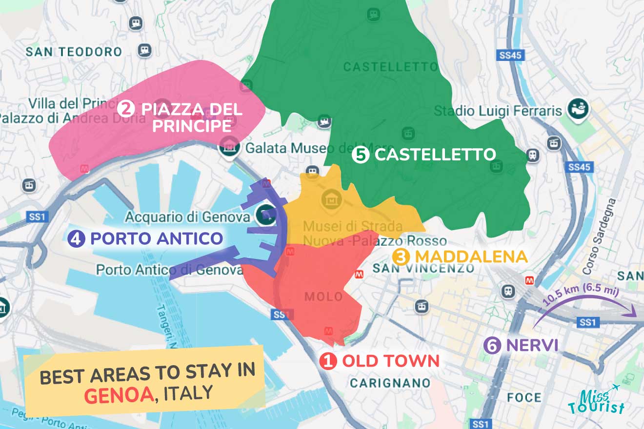 Map highlighting best areas to stay in Genoa, Italy, including Old Town, Piazza del Principe, Maddalena, Porto Antico, and Castelletto.