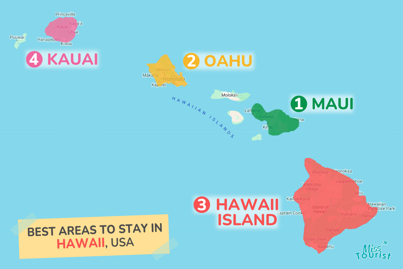 Map of Hawaii showing four islands: 1) Maui, 2) Oahu, 3) Hawaii Island, 4) Kauai, with highlighted areas labeled "Best Areas to Stay in Hawaii, USA.