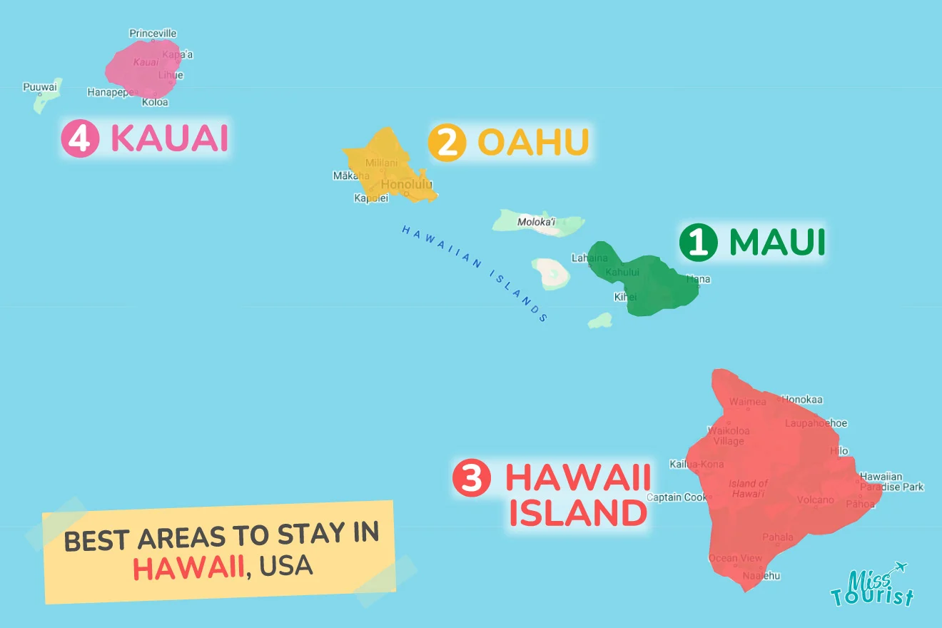 Map of Hawaii showing four islands: 1) Maui, 2) Oahu, 3) Hawaii Island, 4) Kauai, with highlighted areas labeled "Best Areas to Stay in Hawaii, USA.