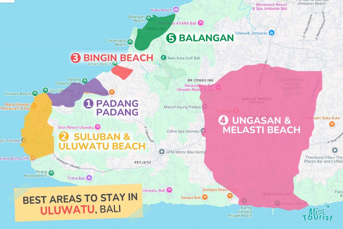 Map of Uluwatu, Bali highlighting areas: Bingin Beach, Balangan, Padang Padang, Suluban & Uluwatu Beach, and Ungasan & Melasti Beach.