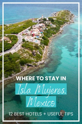 Aerial view of a coastal area in Isla Mujeres, Mexico, surrounded by turquoise waters with text overlay about where to stay and tourist tips.