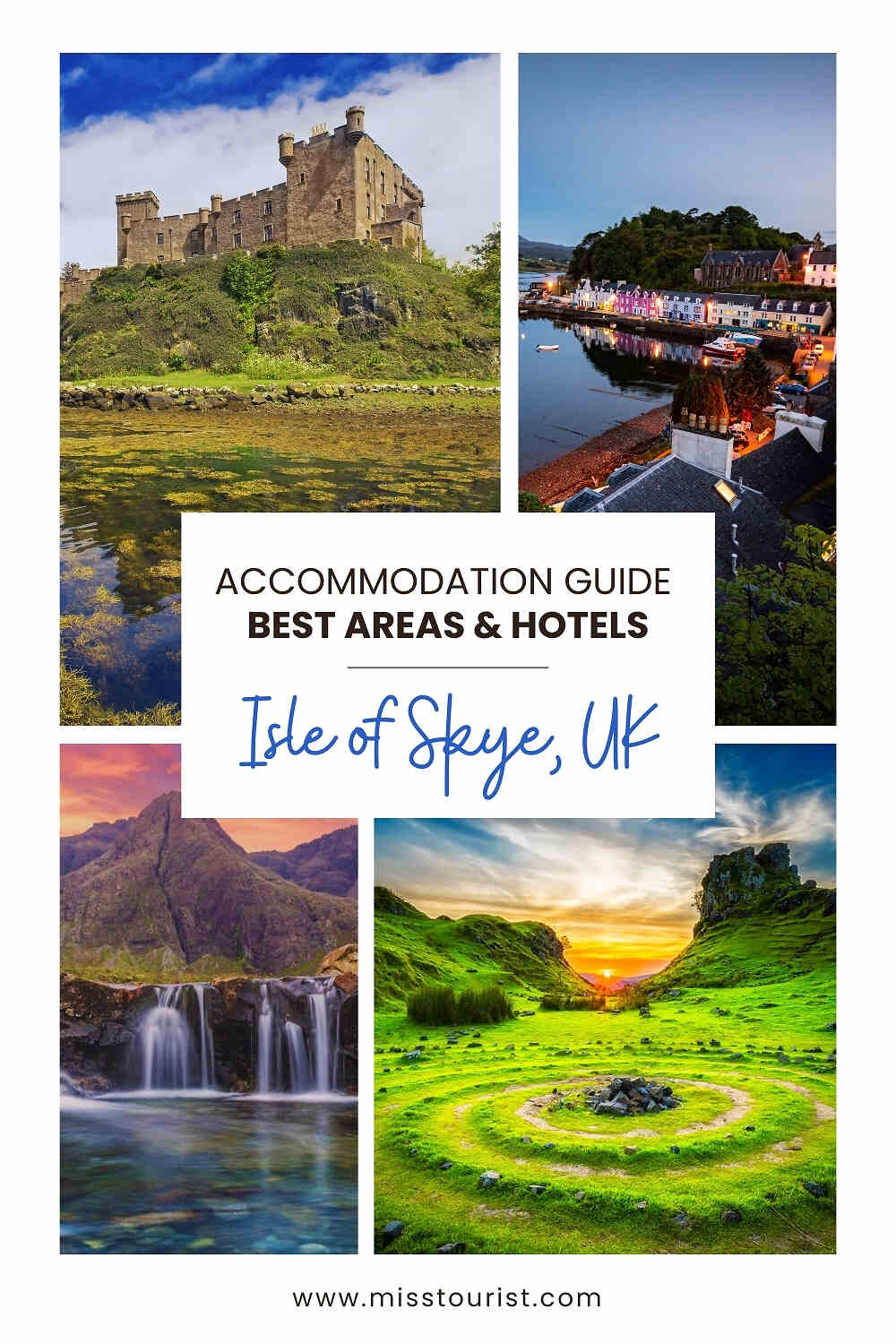 Collage of Isle of Skye, UK, featuring a castle, a coastal town, mountains, a waterfall, and a sunset over green hills. Text reads "Accommodation Guide: Best Areas & Hotels, Isle of Skye, UK.