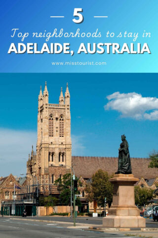 A historic church and a statue stand on a street in Adelaide, Australia, under a clear blue sky. Text reads, 