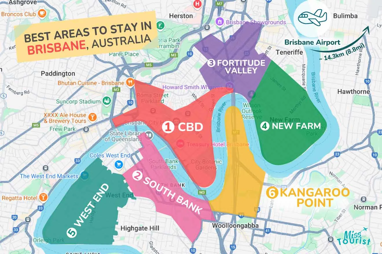 Map of Brisbane highlighting best areas to stay: 1) CBD, 2) South Bank, 3) Fortitude Valley, 4) New Farm, 5) West End, 6) Kangaroo Point. Includes Brisbane Airport location and river.