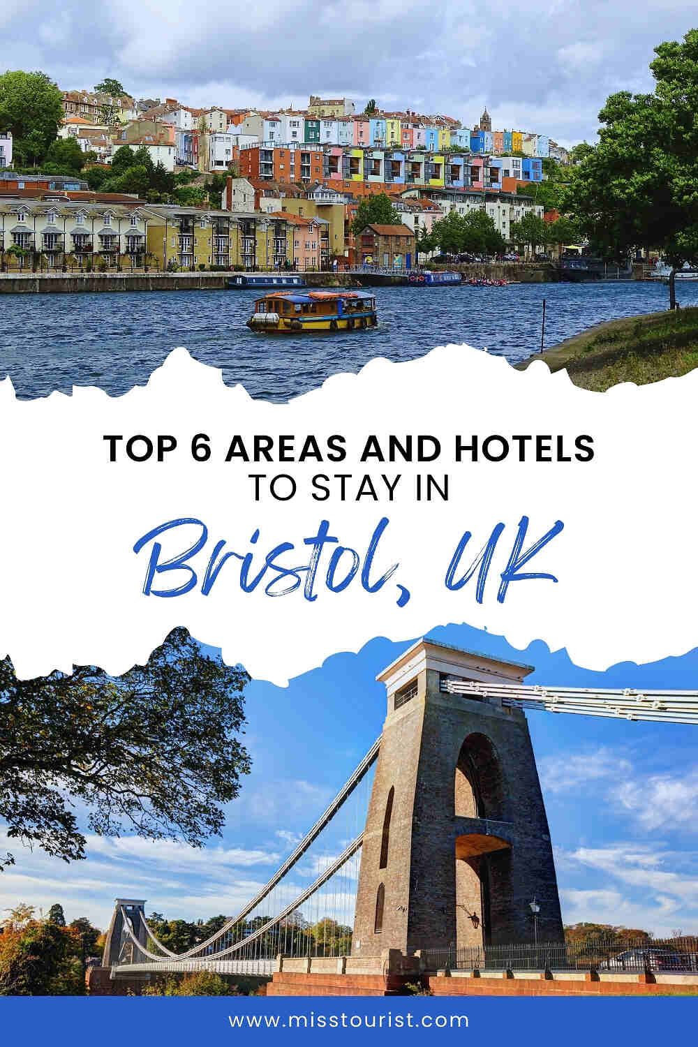 Collage of Bristol, UK featuring colorful houses, a boat on the river, and the Clifton Suspension Bridge. Text reads: "Top 6 Areas and Hotels to Stay in Bristol, UK.