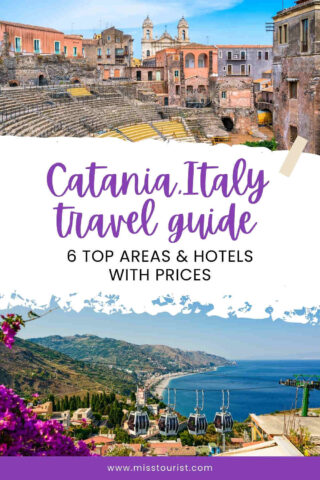 Catania, Italy travel guide cover featuring images of an ancient theater, colorful buildings, coastal landscape, and cable cars. Text highlights six top areas and hotels with prices.