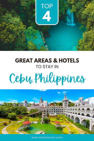 Top 4 areas and hotels in Cebu, Philippines, featuring a blue waterfall surrounded by lush greenery and a grand, white castle-like structure with a garden.