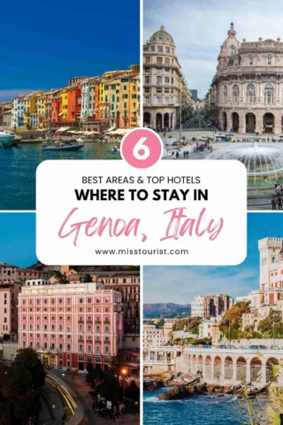 Collage showing colorful buildings by the water, a historic fountain and plaza, a pink hotel, and a scenic cityscape in Genoa, Italy, with text about best places to stay.