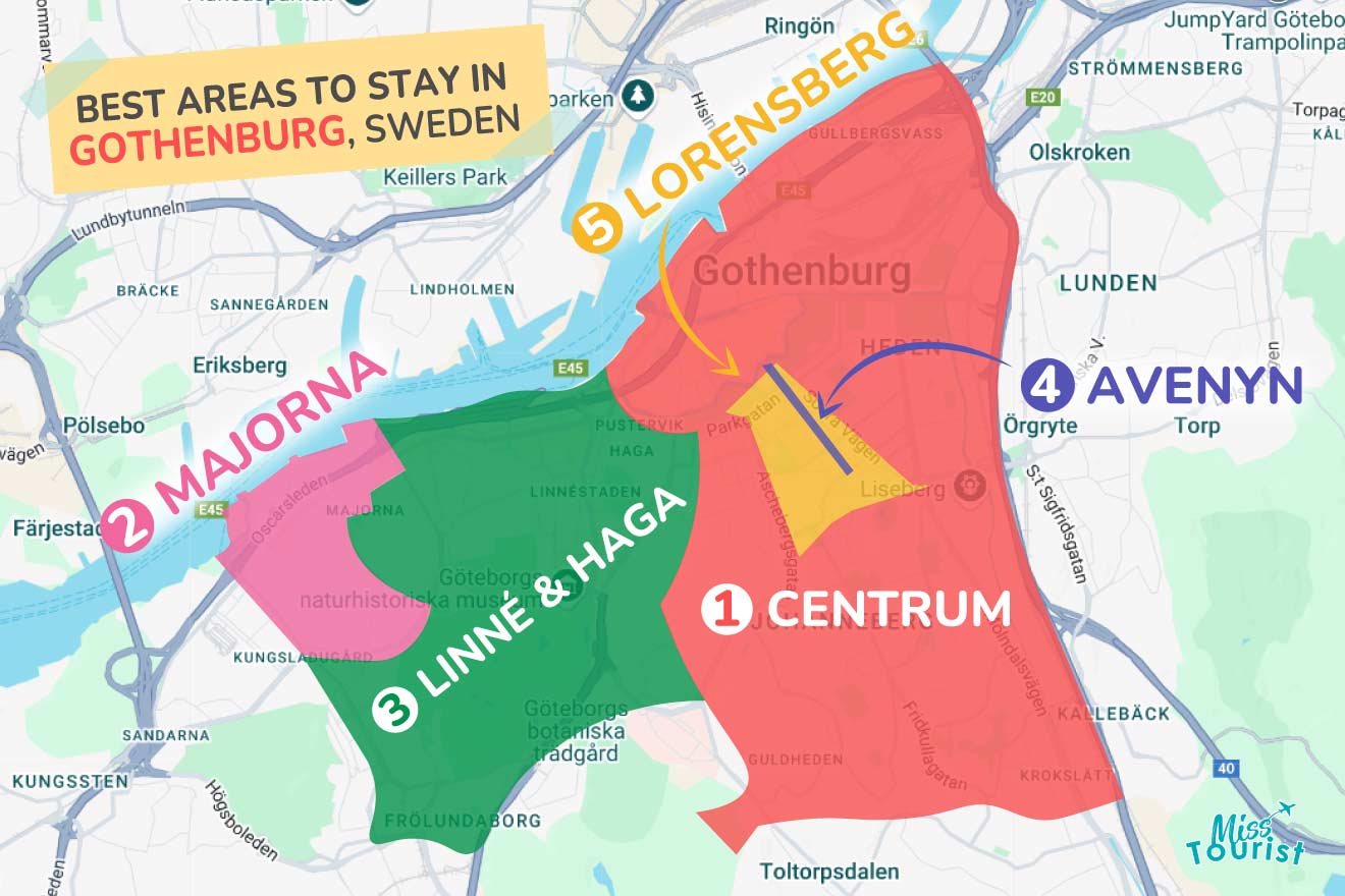 Map highlighting the best areas to stay in Gothenburg: 1) Centrum, 2) Majorna, 3) Linné & Haga, 4) Avenyn, 5) Lorensberg.