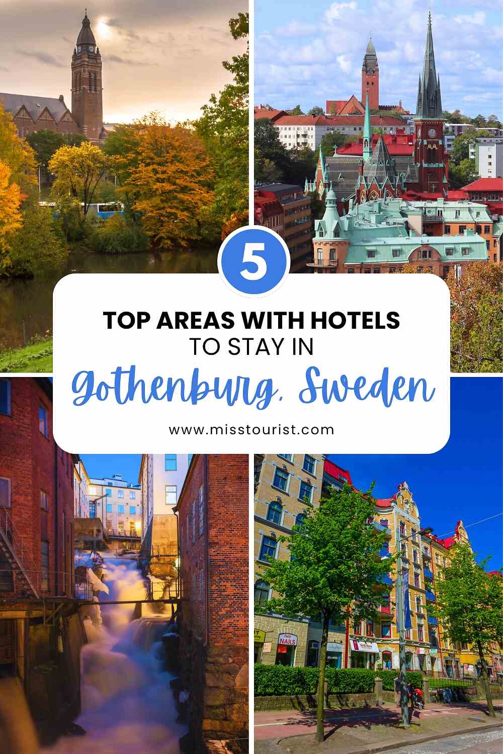 Collage of Gothenburg, Sweden, featuring scenic views of buildings and landmarks with autumn foliage, promoting top hotel areas.