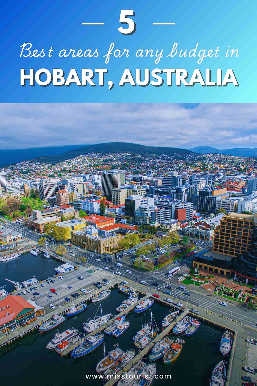 Aerial view of Hobart, Australia with boats, buildings, and surrounding hills. Text overlay: "5 Best areas for any budget in Hobart, Australia.