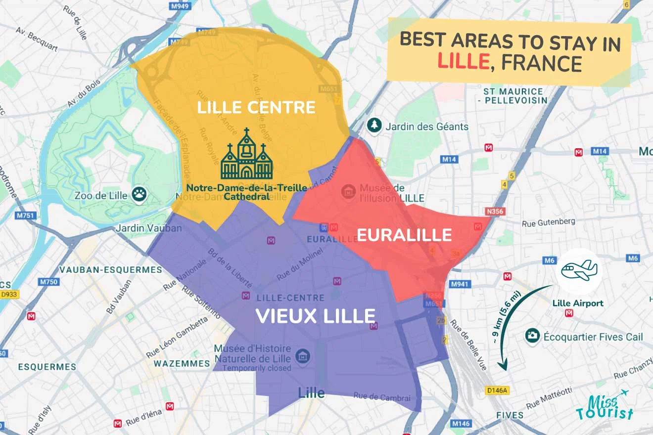 Map of Lille, France highlighting three areas: Lille Centre (orange), Euralille (red), and Vieux Lille (purple), with landmarks like the Notre-Dame-de-la-Treille Cathedral marked.