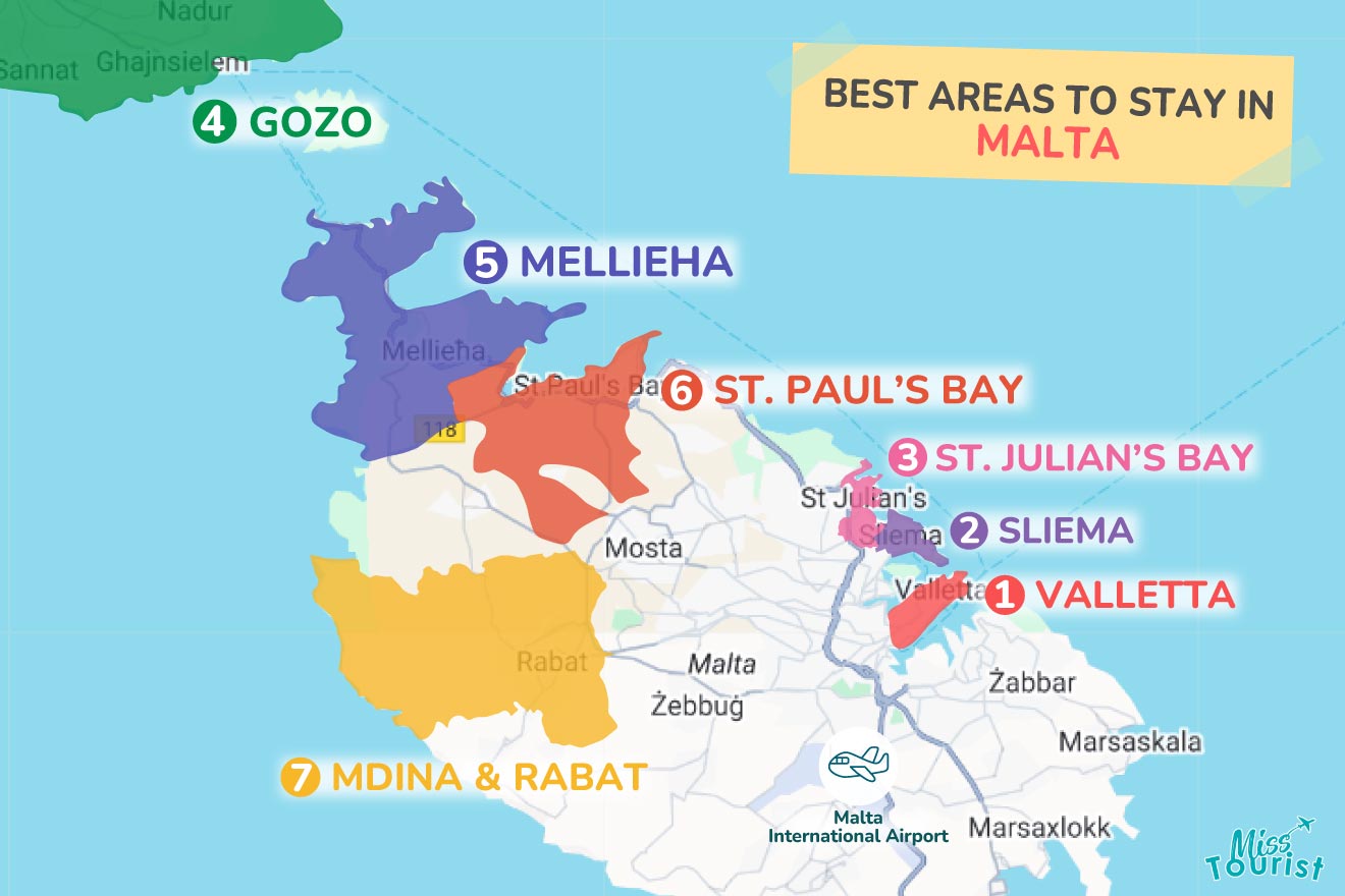 Map highlighting the best areas to stay in Malta, including Valletta, Sliema, St. Julian’s Bay, Gozo, Mellieha, St. Paul’s Bay, and Mdina & Rabat.