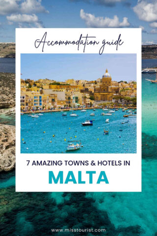 Colorful coastal town in Malta with boats in the blue sea, framed by an accommodation guide title.