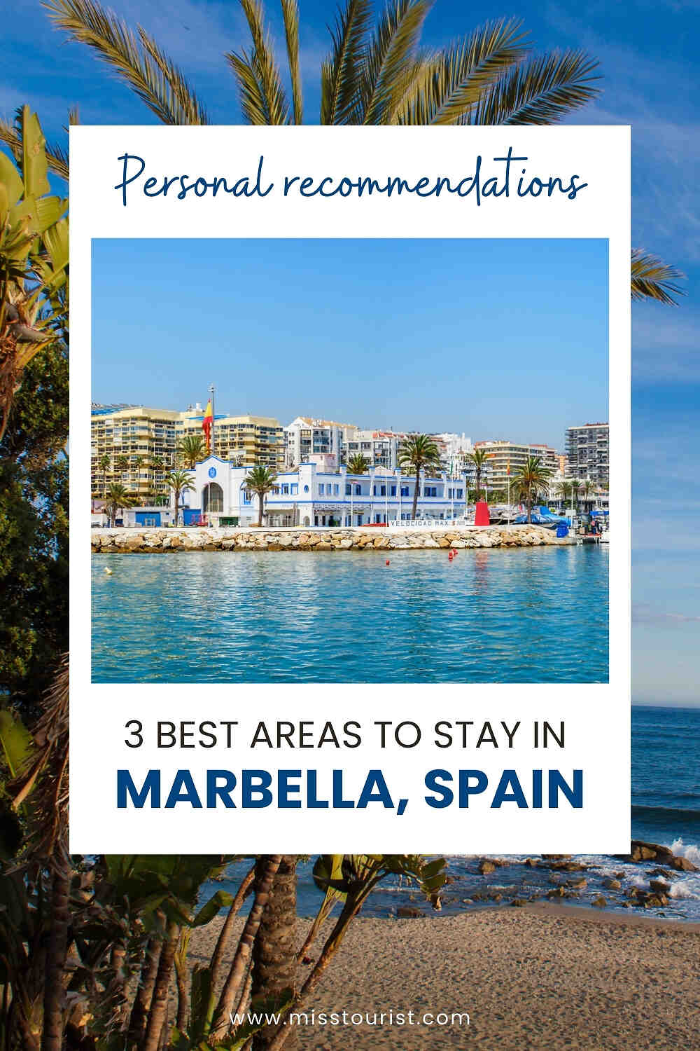 A coastal view featuring buildings and palm trees in Marbella, Spain. Text overlay: 