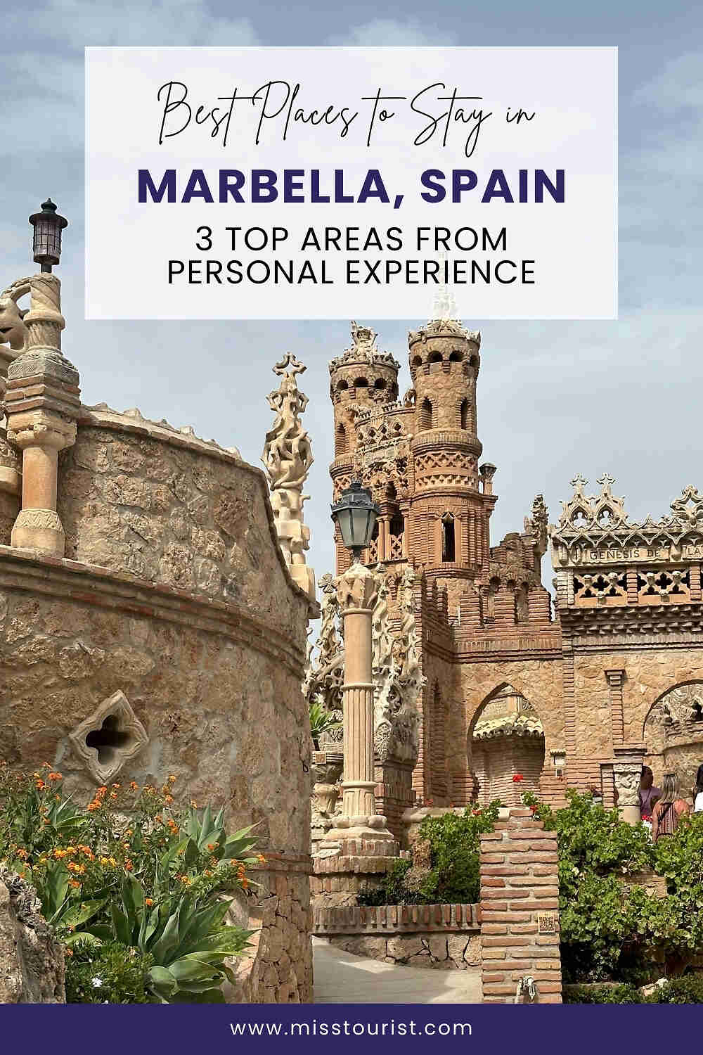 Ornate brick and stone castle-like structure surrounded by greenery, with a sign promoting top places to stay in Marbella, Spain.