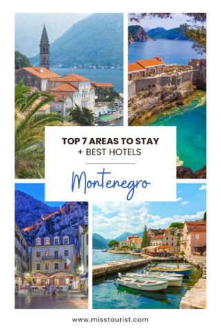 Collage of scenic Montenegro areas, featuring coastal towns, mountains, and boats, with text "Top 7 Areas to Stay + Best Hotels, Montenegro" at the center.