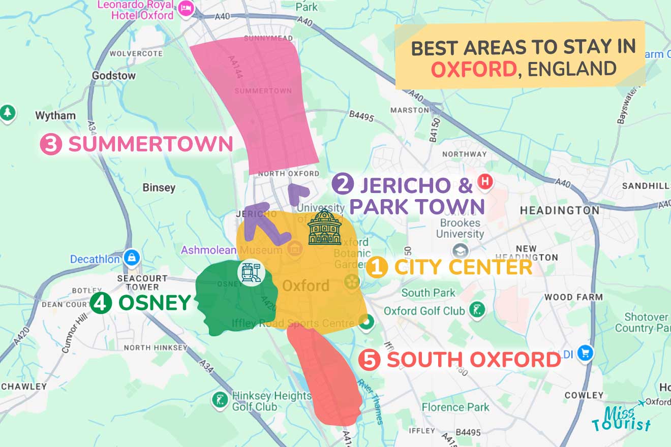 Map showing the best areas to stay in Oxford, England: 1. City Center, 2. Jericho & Park Town, 3. Summertown, 4. Osney, 5. South Oxford.