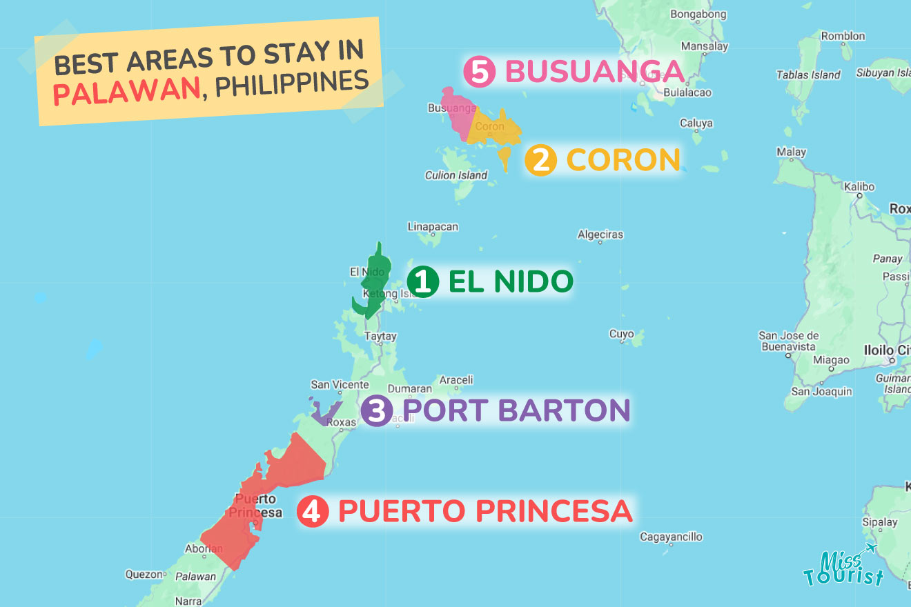 Map highlighting best areas to stay in Palawan, Philippines with labels: 1. El Nido, 2. Coron, 3. Port Barton, 4. Puerto Princesa, 5. Busuanga.