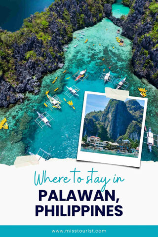 Aerial view of boats in clear turquoise water surrounded by rocky cliffs in Palawan, Philippines, with an inset image of a resort. Text reads 