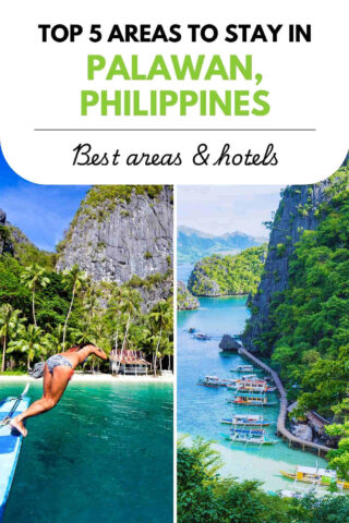 Split image with a person diving into a pool on the left and boats in a blue lagoon surrounded by cliffs on the right, titled "Top 5 Areas to Stay in Palawan, Philippines: Best areas & hotels.