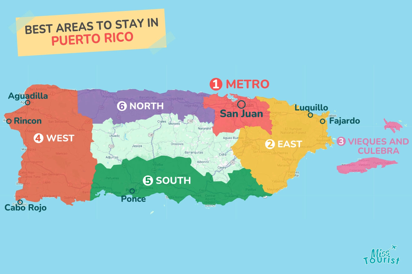 Map of Puerto Rico highlighting best areas to stay: Metro (1), East (2), Vieques and Culebra (3), West (4), South (5), North (6), with major cities and tourist sites marked.