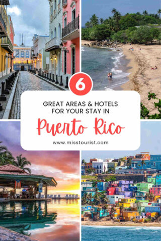 Collage of Puerto Rico scenes: colorful street, serene beach, pool with sunset view, and vibrant hillside buildings, promoting six great areas and hotels.