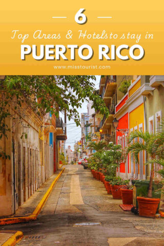 Street view of a colorful neighborhood in Puerto Rico, featuring brightly painted buildings and lush plants in pots along the sidewalk.