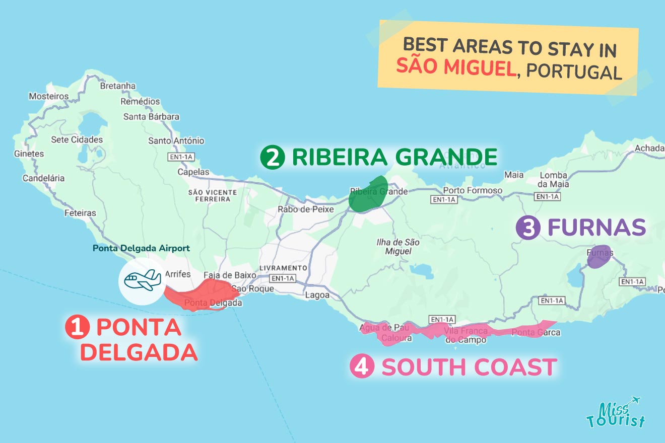 Map of São Miguel, Portugal, highlighting best areas to stay: Ponta Delgada, Ribeira Grande, Furnas, and South Coast, marked with numbers and colors.