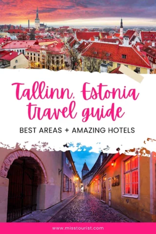 Tallinn travel guide cover featuring a cityscape at sunset and a narrow, cobblestone street with colorful buildings.