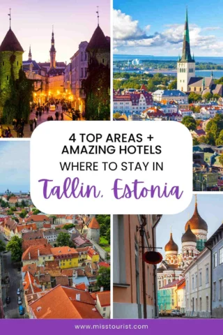 A collage of Tallinn, Estonia, featuring historic buildings and cityscapes with a central text overlay promoting hotels and places to stay.