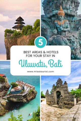 Collage of Uluwatu, Bali features: cliffside temple, large statue, oceanfront pool, and historic stone archway. Text reads 