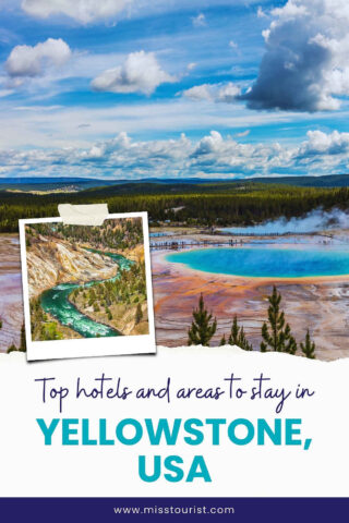 A landscape view of Yellowstone with hot springs and a river. Text overlay reads: 