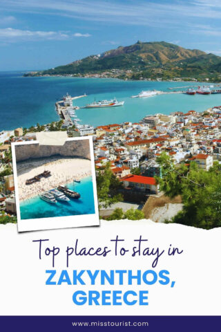 Aerial view of Zakynthos, Greece, with a small photo inset of a beach and boats. Text reads: "Top places to stay in Zakynthos, Greece.