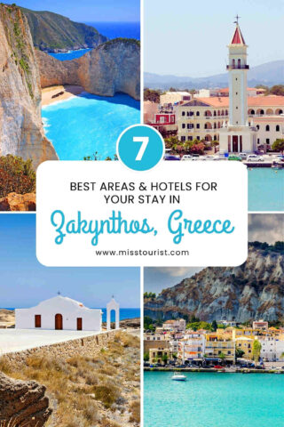 Collage of Zakynthos, Greece, featuring beaches, a church, and scenic coastal views. Text: "7 Best Areas & Hotels for Your Stay in Zakynthos, Greece.