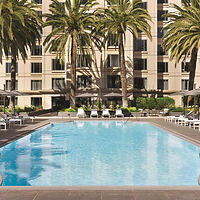 A serene hotel swimming pool is surrounded by lounge chairs and shaded by tall palm trees, in front of a modern building.