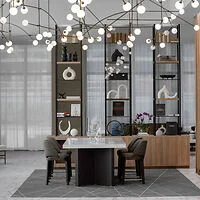 Modern dining area with a rectangular table, four chairs, and decorative shelving. Overhead, a ceiling light fixture with multiple bulbs enhances the contemporary design.