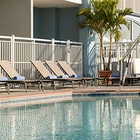 Poolside area with several lounge chairs lined up, towels on each. A potted palm tree sits near the fence, and the edge of the pool is visible in the foreground.