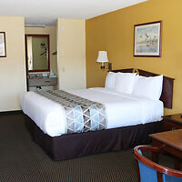 A hotel room with a large bed, white linens, a brown bed skirt, and a geometric patterned runner. Walls are yellow with framed art. A desk chair and lamps are visible.