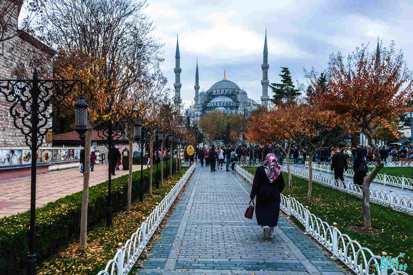 A person walks toward the Blue Mosque in Istanbul, with trees and people lining the cobblestone path.