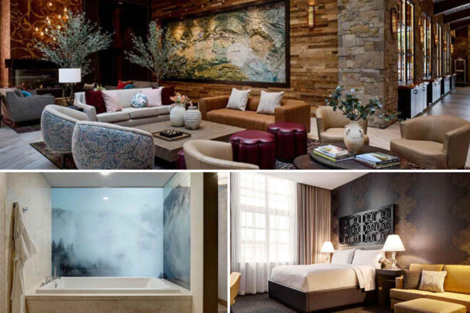 Three images: A rustic lounge with wood accents, a bathroom with a misty forest mural above the bathtub, and a hotel room featuring a large bed and two lamps on nightstands.