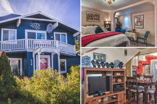 Blue house exterior with a balcony; cozy bedroom with a red bedspread; living area with a TV and dining table.