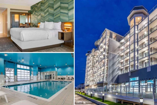 Collage of a modern hotel room, a large indoor swimming pool, and a brightly lit hotel exterior at night.